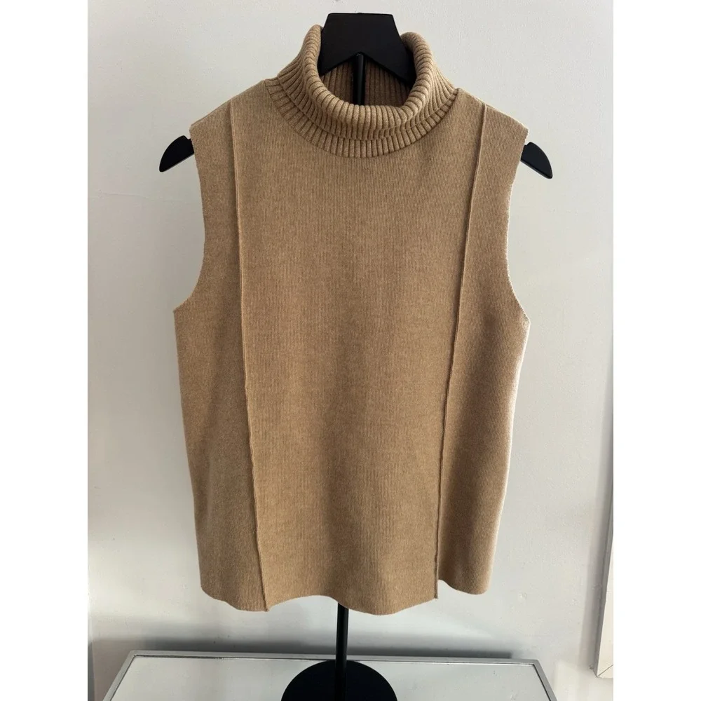 Zara Womens M Camel Sleeveless Turtleneck Sweater Knit‎ Top Minimalist